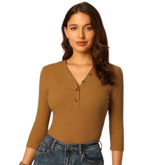 NWT Hobemty Golden Brown Button V-Neck 3/4 Sleeve Knit Top - Large - Picture 2 of 9